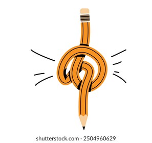 Knot pencil vector illustration. Drawing tool for artists, students knotted at the center. Flat education concept isolated on white background.