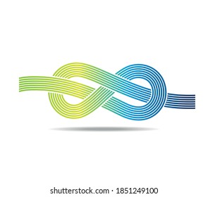 Knot resembling a mobius loop made of five lines in blues and greens. Road junction. Symbol of infinity