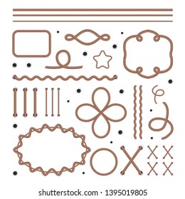 Knot rope sea element in cartoon style. Nautical various sailor loop. Vector Illustration