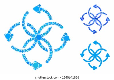 Knot rotation mosaic of small circles in different sizes and shades, based on knot rotation icon. Vector small circles are grouped into blue mosaic.