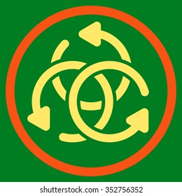 Knot Rotation vector icon. Style is bicolor flat circled symbol, orange and yellow colors, rounded angles, green background.
