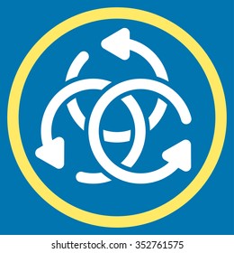 Knot Rotation vector icon. Style is bicolor flat circled symbol, yellow and white colors, rounded angles, blue background.