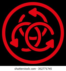 Knot Rotation vector icon. Style is flat circled symbol, red color, rounded angles, black background.