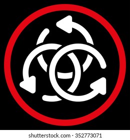 Knot Rotation vector icon. Style is bicolor flat circled symbol, red and white colors, rounded angles, black background.