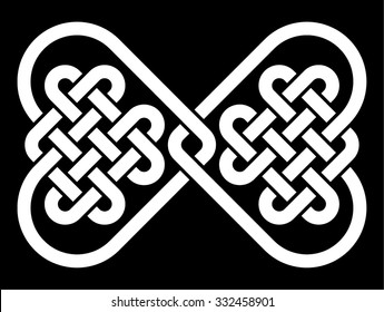 Knot in the shape of a bow tie, made from 2 heart shaped Celtic knots, vector illustration (white silhouette, isolated on black background)