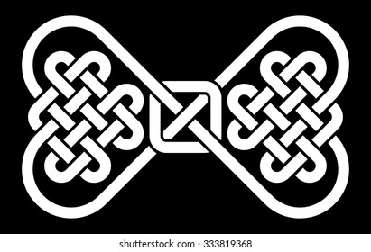 A knot in the shape of a bow tie, made in the fashion of Celtic knots, vector illustration (white silhouette, isolated on black background)