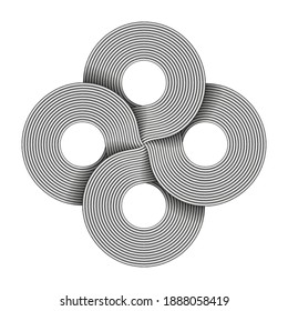 Knot sign made of four connected rings composed of metal wires. Modern stylization of Bowen cross symbol. Vector illustration isolated on white background.