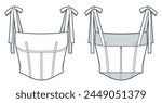 Knot Strap Bustier Top technical fashion Illustration. Corset fashion flat technical drawing template, straps, back zipper, front and back view, white, women CAD mockup.