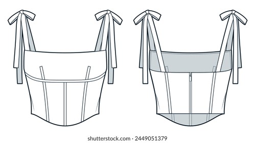 Knot Strap Bustier Top technical fashion Illustration. Corset fashion flat technical drawing template, straps, back zipper, front and back view, white, women CAD mockup.