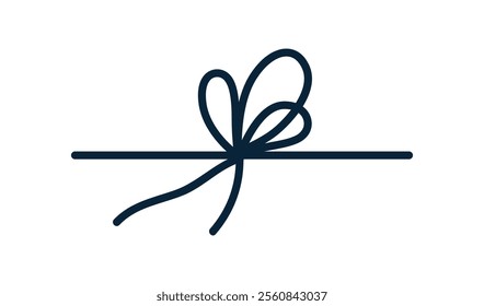 Knot, string bow. Rope, thin ribbon tying. Simple line cord, lace decoration. Decorative twine, festive adornment for presents and gifts. Vector graphic illustration isolated on white background