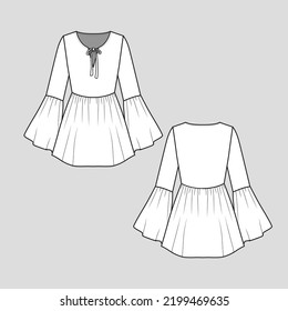 Knot tie neck Bell Sleeve top Waist Gathering ruffle sleeve Fashion dresses Fashion Design template Technical drawing
