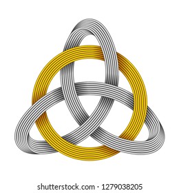 Knot Triquetra with circle made of intersected golden and silver strips. Celtic trinity symbol. Vector realistic illustration isolated on white background.