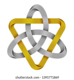 Knot Triquetra with triangle made of intersected golden and silver strips. Celtic trinity symbol. Vector realistic illustration isolated on white background.
