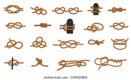 Knot types. Cartoon knotted rope with ties and threads for boating and sailing, eight knot and squareknot. Vector nautical icons collection. Isolated rope loops and hitches tutorials