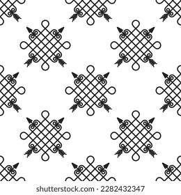 Knots with arrows, vector black and white seamless pattern