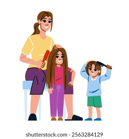 knots brushing child hair vector. smooth detangle, comb brush, care manage knots brushing child hair character. people flat cartoon illustration