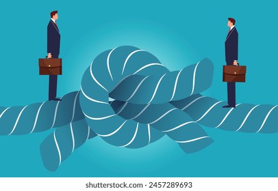 Knots, conflicts, entanglements between two businessmen, difficult business relationships, conflicts between coworkers or office politics, two businessmen standing on opposite sides of a knotted rope