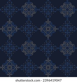 Knots and Curves in gray and blue on dark blue background - Indian Cultural Rangoli or Paisley vector line art in seamless pattern, for fabric, textile, wrapping paper, garment, phone case.