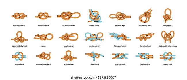 Nudos de un conjunto de tipos diferente. Bucles, nodos náuticos, nudos de varias formas. Fuertes cuerdas náuticas trenzadas, cuerdas, cuerdas, cables. Ilustraciones gráficas planas vectoriales aisladas en fondo blanco