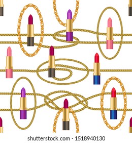 Knots and Lipsticks Background. Seamless pattern with golden chains and cosmetic elements. Template for gift wrappings, cards, scarfs and dresses. On white.