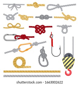 Knots set vector illustrations. Knotted strong rope with different complicated knots, loop, bow, fishing and cargo hook, metal snap for climbing or nautical rope equipment. Flat isolated icons set