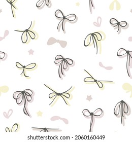 Knots from threads seamless pattern. Yellow collection of various bows for decorating gifts and pink festive events fancy jute braid with variety of tracery with decorative eights. Vector flat.