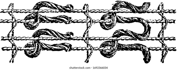 Knots used in weaving oriental rugs, it have been the subject of interest for their ancient origins, vintage line drawing or engraving