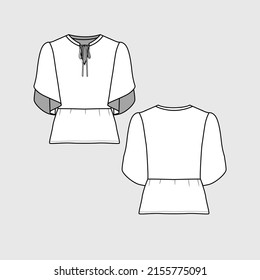 Knotted bell sleeve peplum top notch neck knot tie ruffles bell sleeve clothing t shirt  top fashion flat sketch technical drawing template design vector