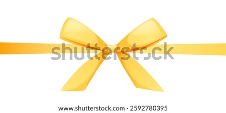 A knotted bow made of gold, yellow ribbon. The bow is placed in the middle of a rectangular format. Ribbon for wedding invitations, certificates, gift boxes, with space for text on a white background.