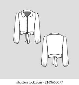 Knotted Collar neck t shirt  top button panel knot tie hem long gathering sleeve  fashion blouse clothing flat sketch technical drawing template design vector