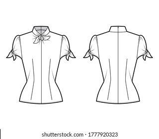 Knotted cutout blouse technical fashion illustration with high neckline, puffed volume sleeves, back zip fastening. Flat apparel template front, back white color. Women men unisex garment CAD mockup