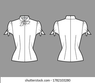 Knotted cutout blouse technical fashion illustration with high neckline, puffed volume sleeves, back zip fastening. Flat apparel template front, back white color. Women men unisex garment CAD mockup