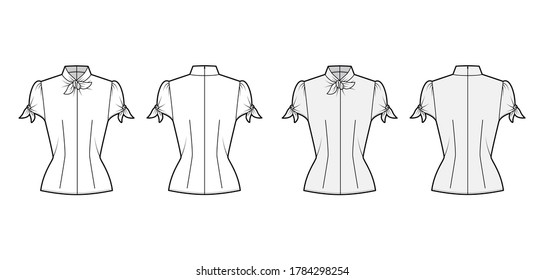 Knotted cutout blouse technical fashion illustration with high neckline, puffed volume sleeves, back zip fastening. Flat apparel template front, back white grey color. Women men unisex garment mockup