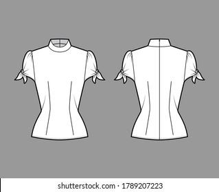 Knotted cutout blouse technical fashion illustration with high neckline, puffed volume sleeves, back zip fastening. Flat apparel template front, back white color. Women men unisex garment CAD mockup