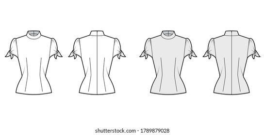 Knotted cutout blouse technical fashion illustration with high neckline, puffed volume sleeves, back zip fastening. Flat apparel template front, back white, grey color. Women men unisex garment mockup
