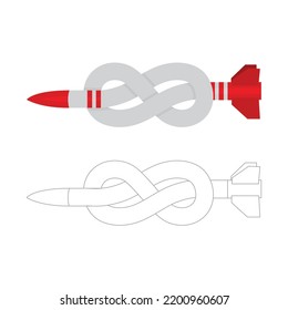 Knotted, disarmed rocket. Damaged rocket, stop bombing concept symbol. Part of set.