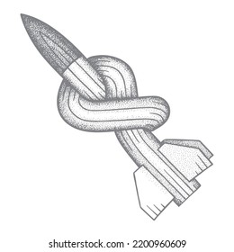 Knotted, disarmed rocket hand drawn illustration. Damaged rocket, stop bombing concept vintage style symbol. Part of set.
