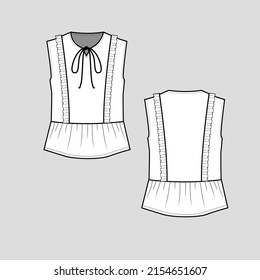 Knotted frills peplum top notch Neck knot tie detail ruffle frill peplum gatherings ruffles  t shirt top blouse  Clothing flat sketch technical drawing template design vector