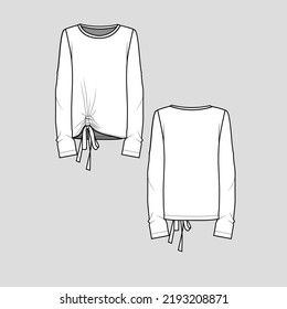 Knotted hem crew Neck t shirt top long sleeve Tee blouse mock up cad knot tie Fashion design drawing template