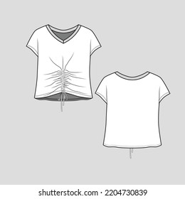 Knotted hem Crop top V Neck kimono sleeve gathering shirred knot Fashion technical drawing flat sketch template