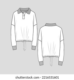 Knotted hem Polo Collar Neck t shirt top Button panel drop shoulder long Sleeve Fashion flat sketch technical drawing template Design