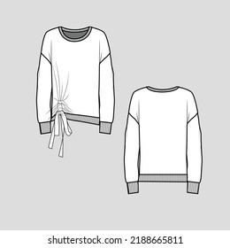 Knotted Hem Ribbed Sweat shirt Side Gathering Knot tie drop shoulder Crew Neck Long Sleeve Ribbed cuffs  fashion t shirt top blouse  Flat Sketch technical drawing template design vector