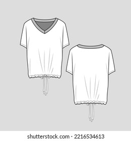 Knotted hem t shirt top v neck Kimono Sleeve  Gathering drawstring knot tie hem Fashion flat sketch design technical drawing template