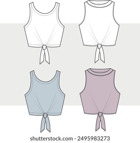 Knotted Hem Tank Top cropped  set Crew Neck knot tie fashion flat sketch technical drawing template design vector