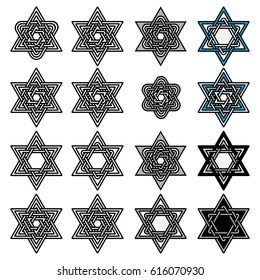 Knotted Israel David stars collection. Set of abstract graphic elements for your design. Black stars and circles isolated on white background. Vector illustration.