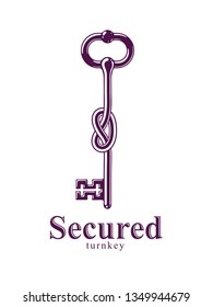 Knotted key allegorical symbol of keep secret, vintage antique turnkey in a knot, defense and security concept, password personal data protection, vector logo.