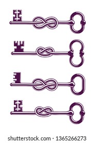 Knotted key allegorical symbol of keep secret, vintage antique turnkey in a knot, defense and security concept, password personal data protection, vector logo.