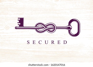 Knotted key allegorical symbol of keep secret, vintage antique turnkey in a knot, defense and security concept, password personal data protection, vector logo.