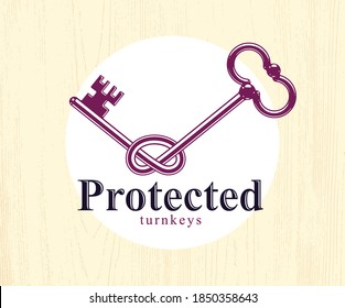 Knotted Key allegorischen Symbol der geheimen, vintage antiken Turnkey in einem Knoten, Verteidigung und Sicherheit Konzept, Passwort persönlichen Datenschutz, Vektor-Logo.