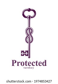 Knotted key allegorical symbol of keep secret, vintage antique turnkey in a knot, defense and security concept, password personal data protection, vector logo.